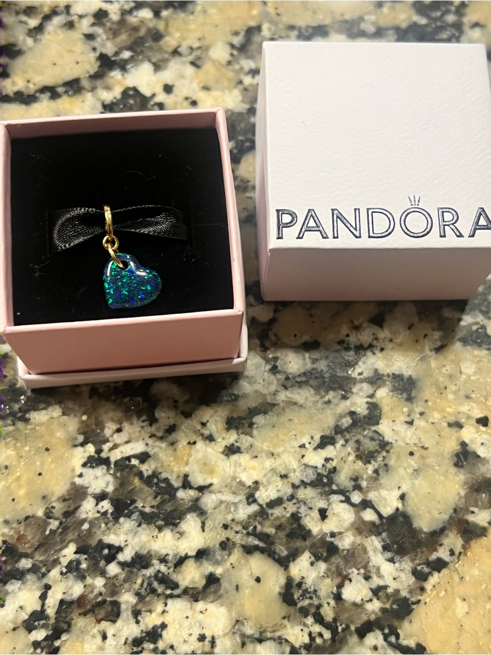 Pandora Gold-Tone Heart Charm with Iridescent Blue and Green Sparkle
